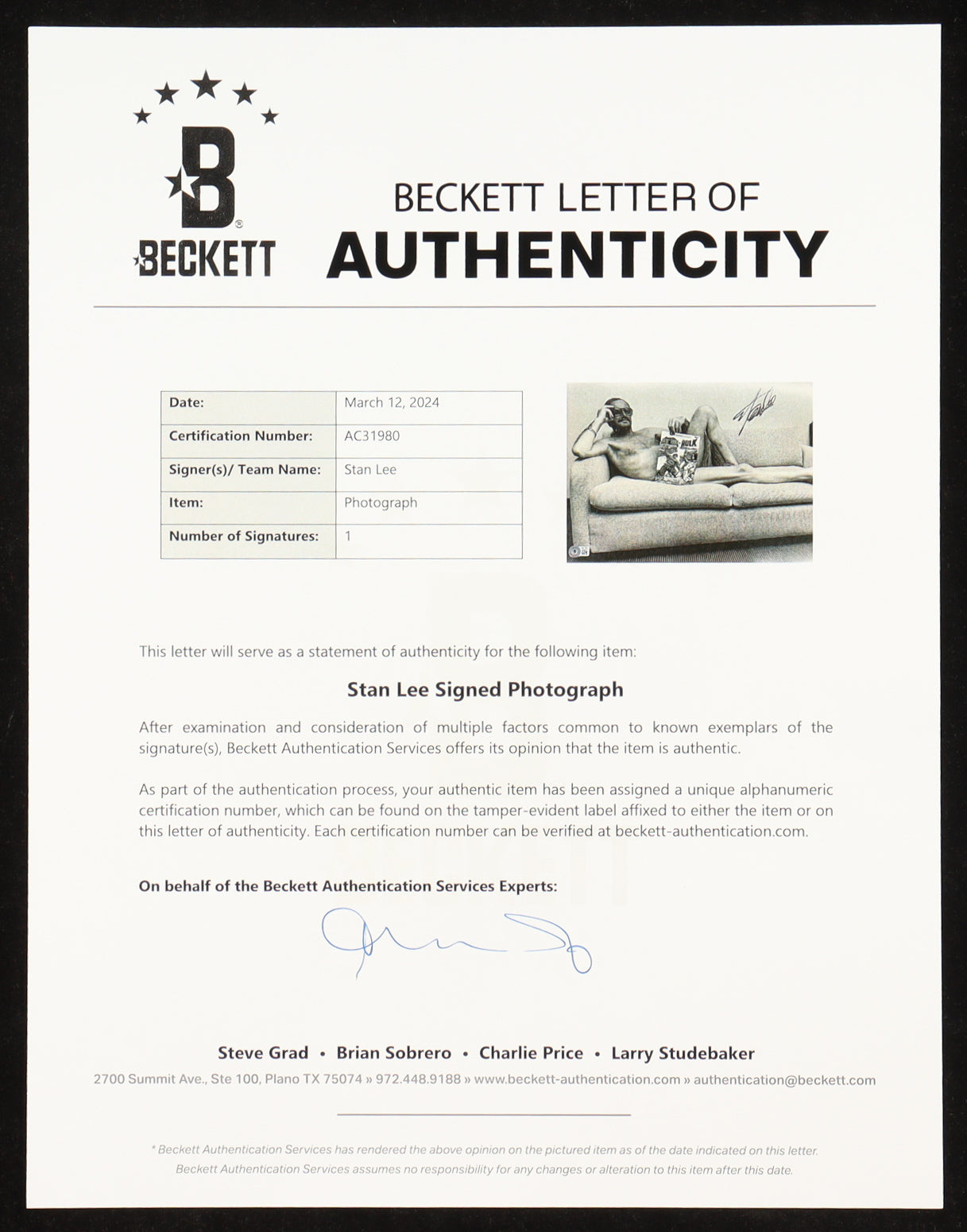 Stan Lee - Handsigniertes Foto (28x43 cm) - Beckett-Zertifiziert