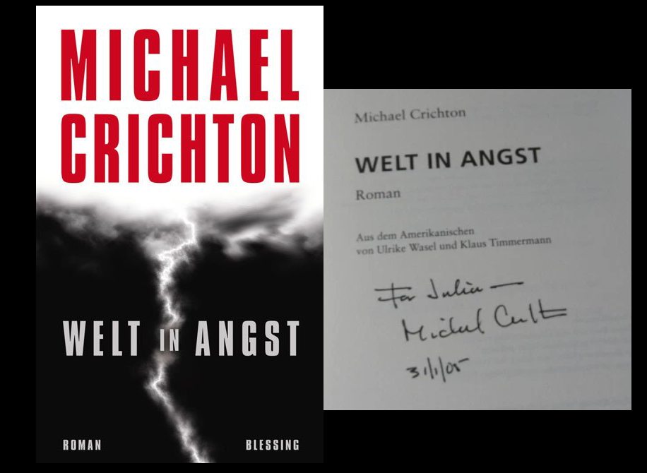 Michael Crichton signierter Roman "Die Welt in Angst"