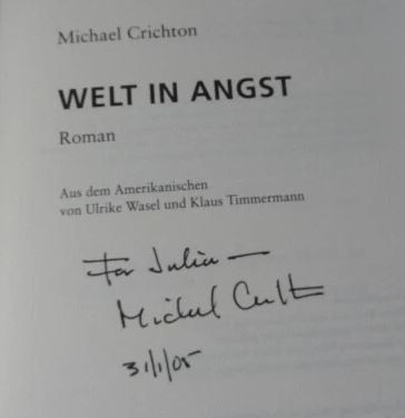 Michael Crichton signierter Roman "Die Welt in Angst"
