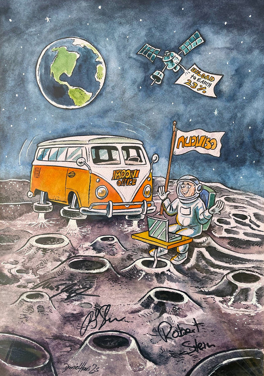 Home Office auf dem Mond - Handgemalt und handsigniertes Unikat