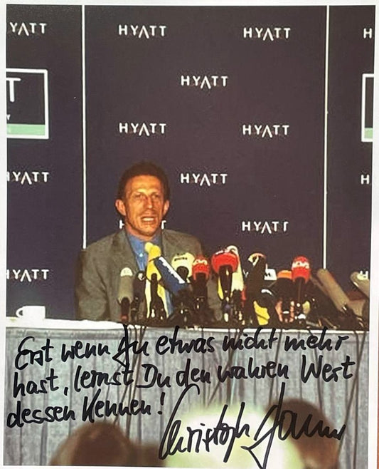 Christoph Daum (+) signiertes Foto mit Widmung/Spruch